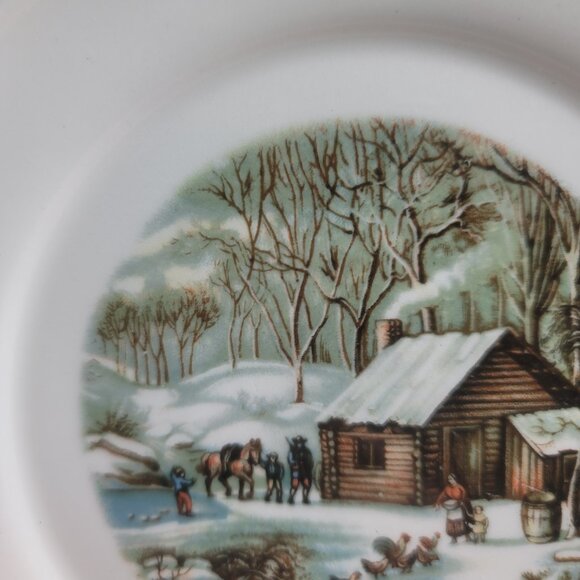 TWO Harker Pottery Currier and Ives Bread Plates Wilderness Feeding the Chickens - Picture 4 of 14